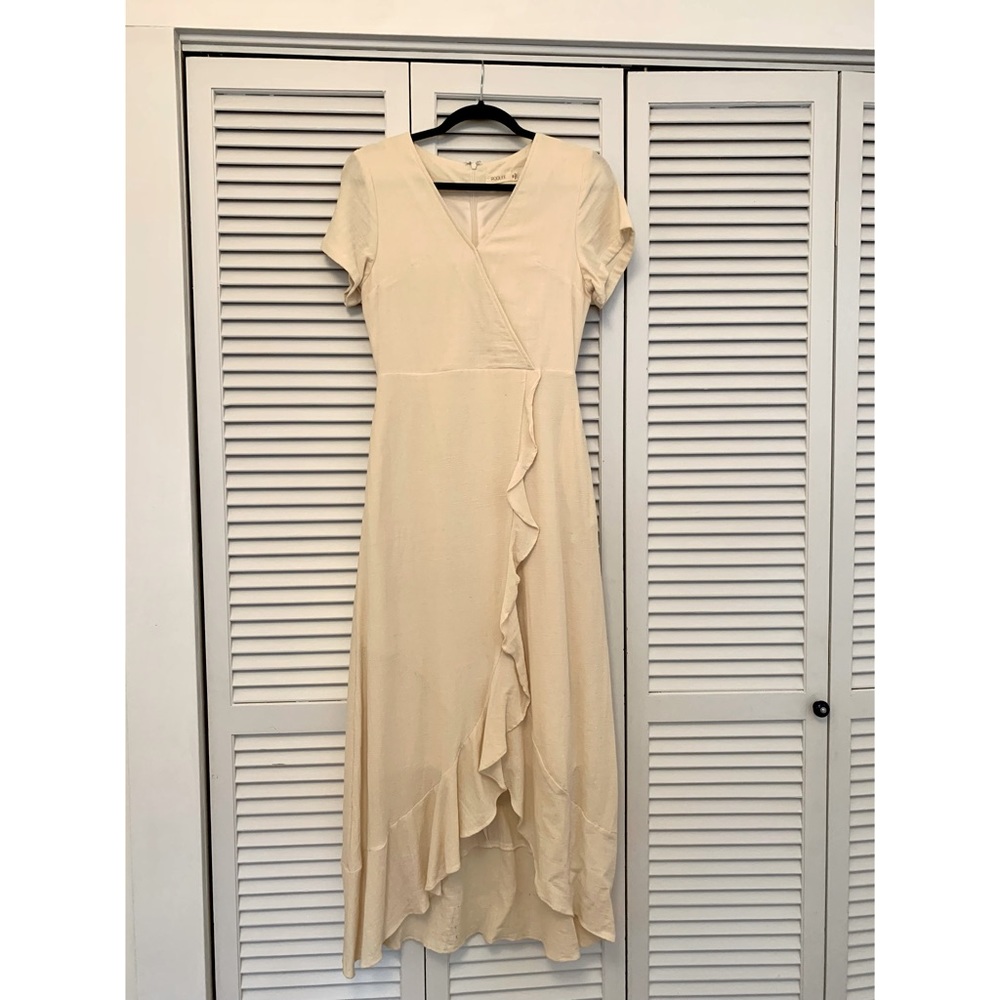 Roolee linen look faux wrap midi dress